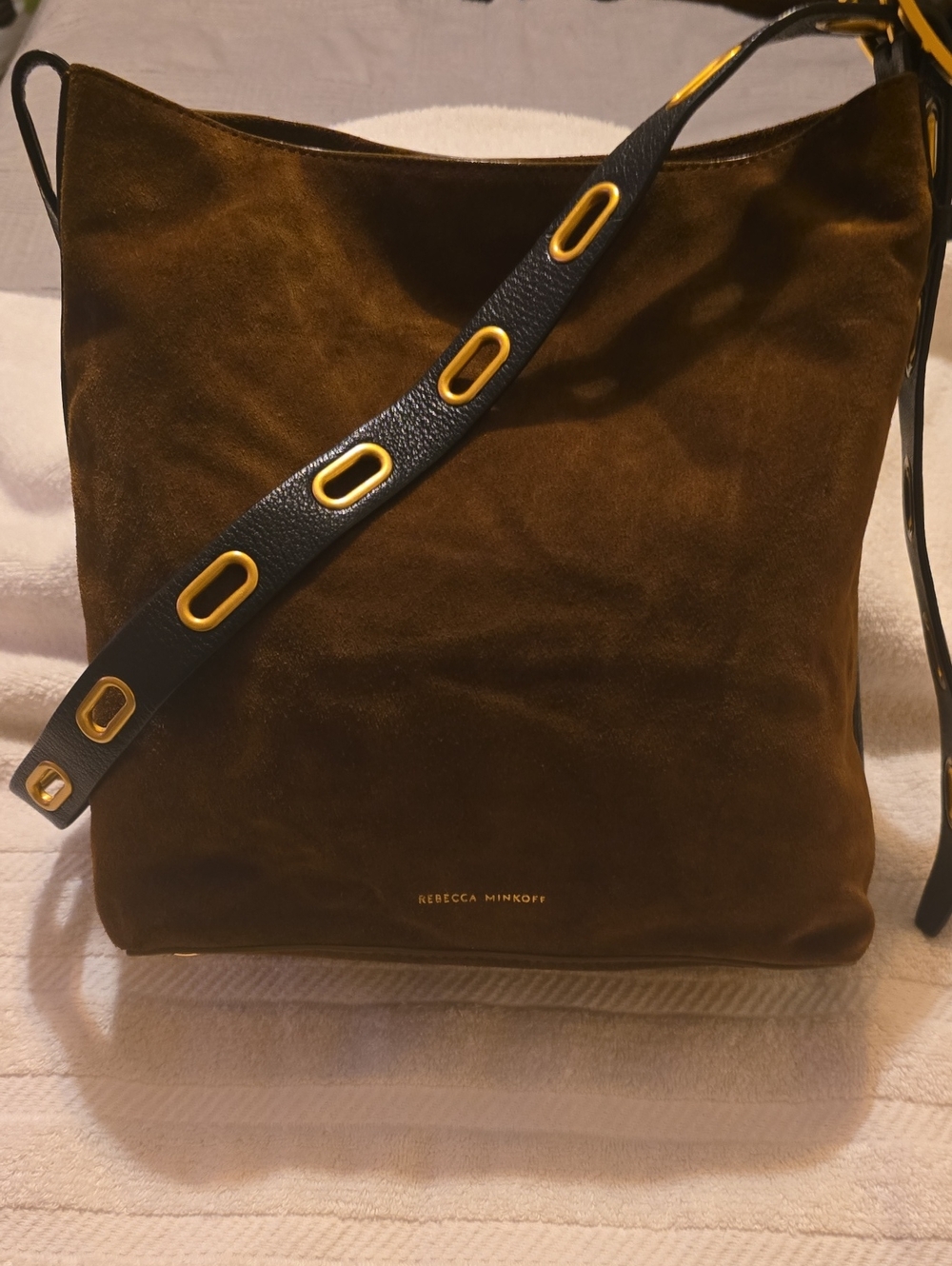 Rebecca Minkoff Crosby Brown Suede Bucket Hobo Shoulder Bag Gold Hardware EUC